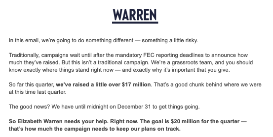 Warren fundraising email